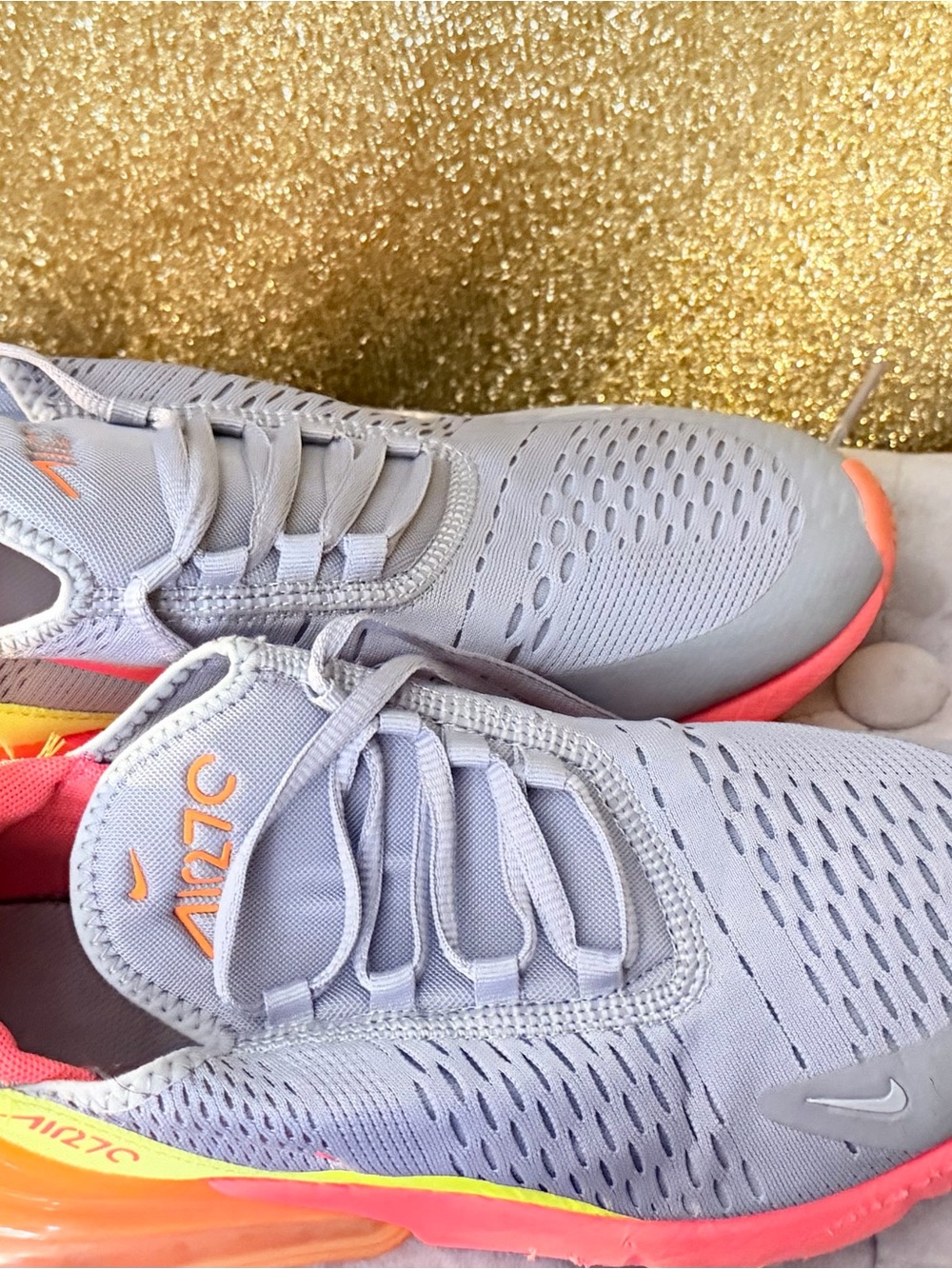 Nike Women’s Air Max 270 — Light Gray with Coral and Neon Yellow Accents